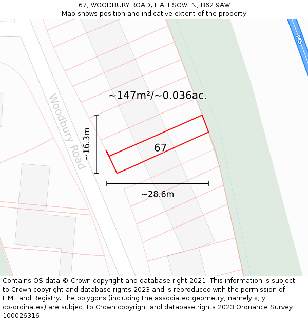 67, WOODBURY ROAD, HALESOWEN, B62 9AW: Plot and title map