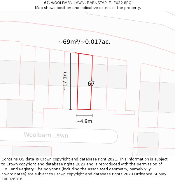 67, WOOLBARN LAWN, BARNSTAPLE, EX32 8PQ: Plot and title map