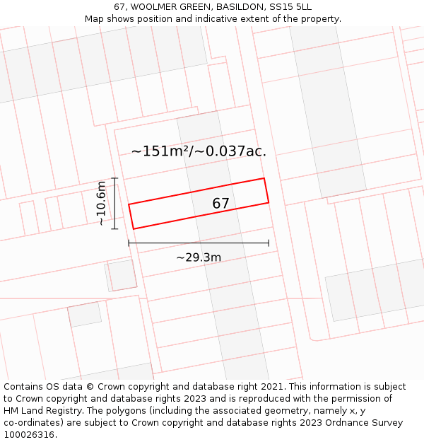67, WOOLMER GREEN, BASILDON, SS15 5LL: Plot and title map