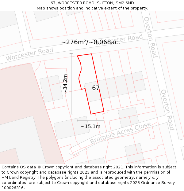 67, WORCESTER ROAD, SUTTON, SM2 6ND: Plot and title map