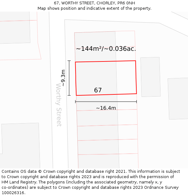 67, WORTHY STREET, CHORLEY, PR6 0NH: Plot and title map