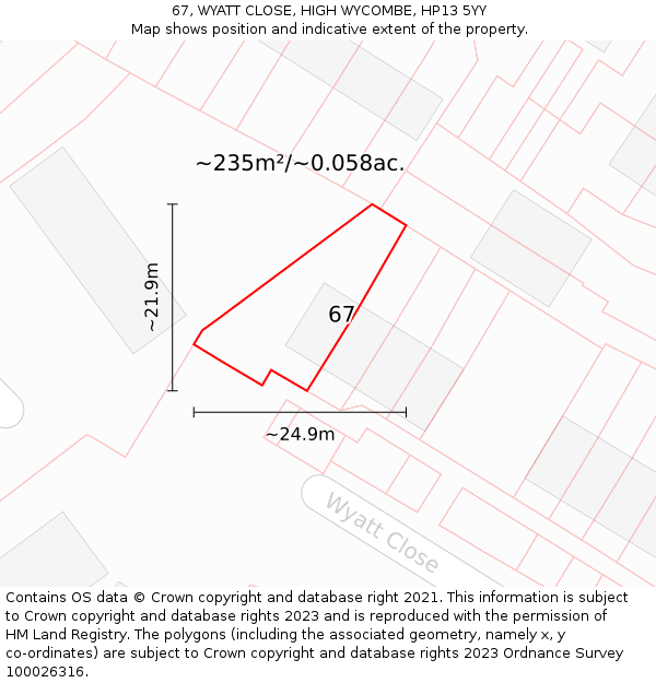 67, WYATT CLOSE, HIGH WYCOMBE, HP13 5YY: Plot and title map