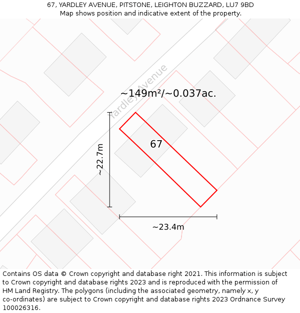 67, YARDLEY AVENUE, PITSTONE, LEIGHTON BUZZARD, LU7 9BD: Plot and title map