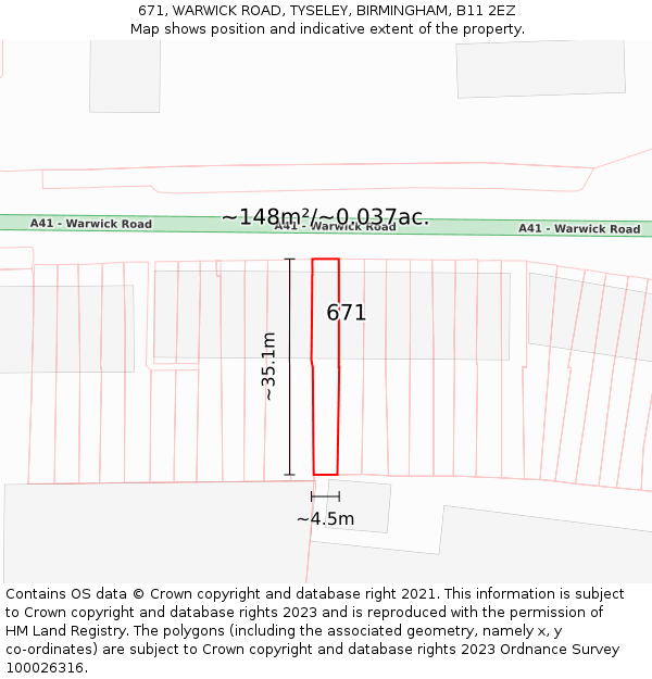 671, WARWICK ROAD, TYSELEY, BIRMINGHAM, B11 2EZ: Plot and title map
