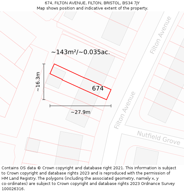 674, FILTON AVENUE, FILTON, BRISTOL, BS34 7JY: Plot and title map