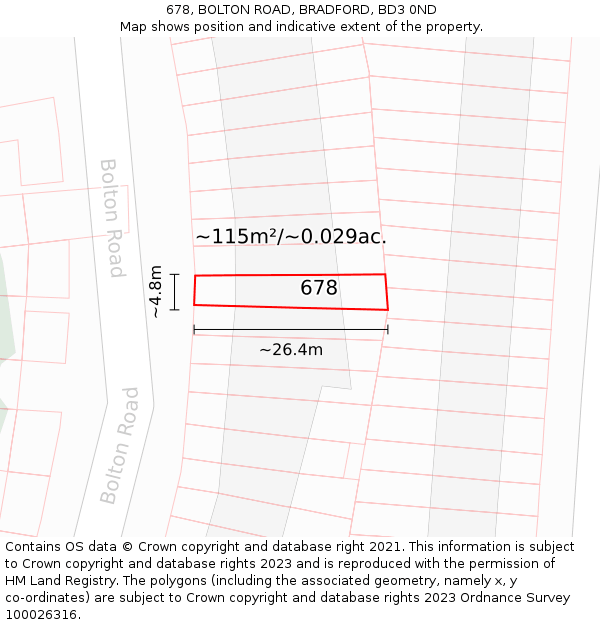 678, BOLTON ROAD, BRADFORD, BD3 0ND: Plot and title map
