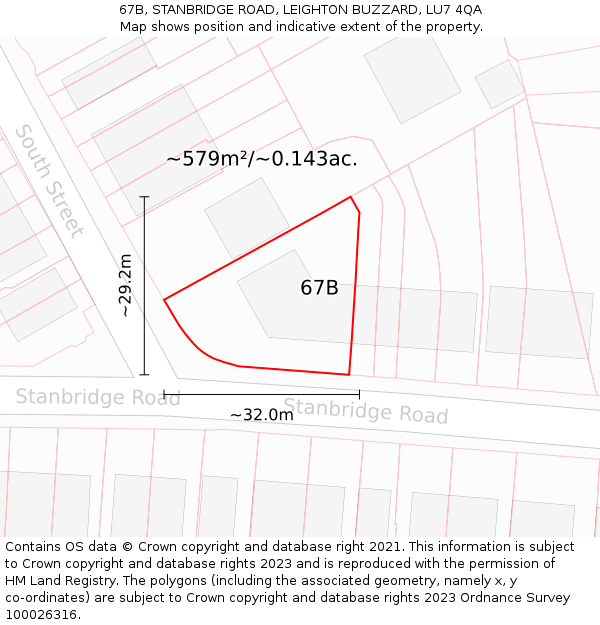 67B, STANBRIDGE ROAD, LEIGHTON BUZZARD, LU7 4QA: Plot and title map