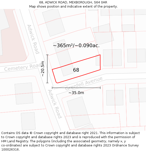 68, ADWICK ROAD, MEXBOROUGH, S64 0AR: Plot and title map