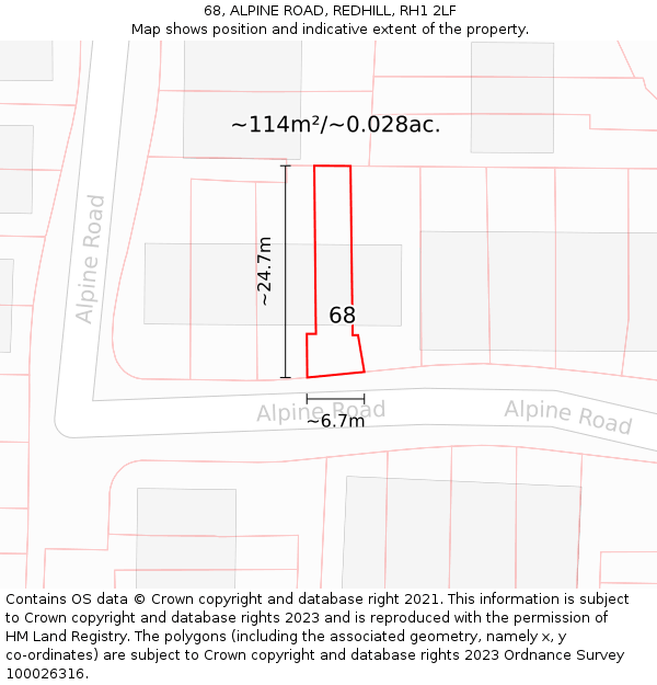 68, ALPINE ROAD, REDHILL, RH1 2LF: Plot and title map