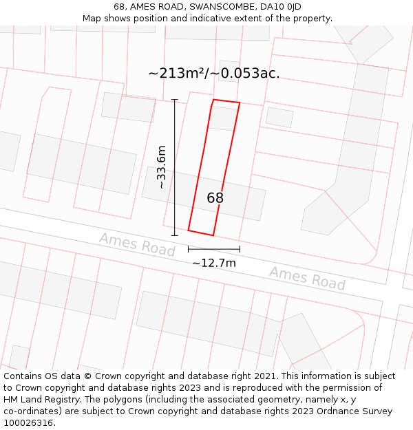 68, AMES ROAD, SWANSCOMBE, DA10 0JD: Plot and title map