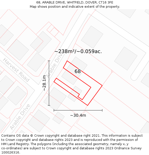 68, ARABLE DRIVE, WHITFIELD, DOVER, CT16 3FE: Plot and title map