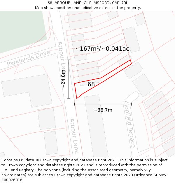68, ARBOUR LANE, CHELMSFORD, CM1 7RL: Plot and title map