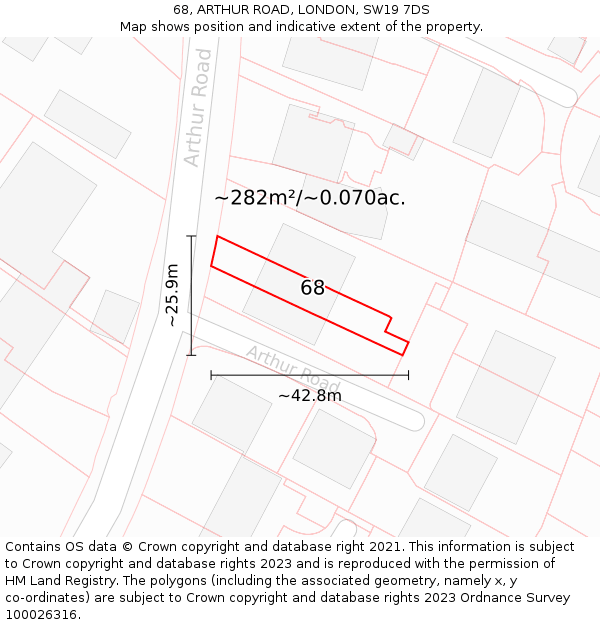68, ARTHUR ROAD, LONDON, SW19 7DS: Plot and title map