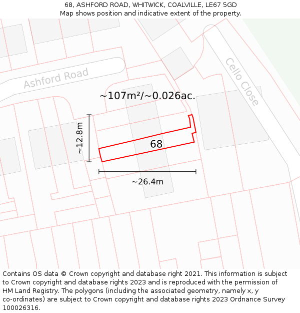 68, ASHFORD ROAD, WHITWICK, COALVILLE, LE67 5GD: Plot and title map