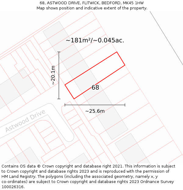 68, ASTWOOD DRIVE, FLITWICK, BEDFORD, MK45 1HW: Plot and title map