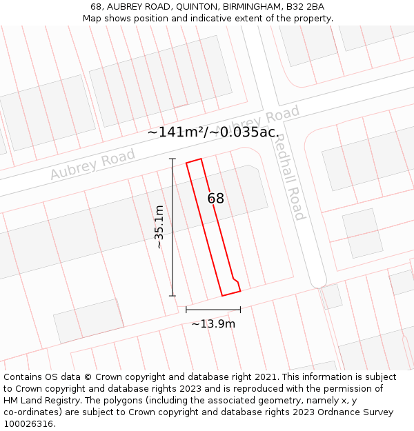 68, AUBREY ROAD, QUINTON, BIRMINGHAM, B32 2BA: Plot and title map
