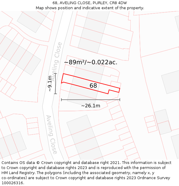 68, AVELING CLOSE, PURLEY, CR8 4DW: Plot and title map