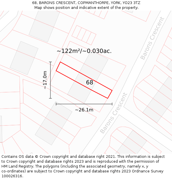 68, BARONS CRESCENT, COPMANTHORPE, YORK, YO23 3TZ: Plot and title map