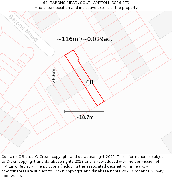 68, BARONS MEAD, SOUTHAMPTON, SO16 9TD: Plot and title map