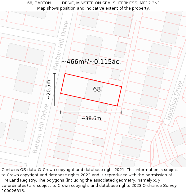 68, BARTON HILL DRIVE, MINSTER ON SEA, SHEERNESS, ME12 3NF: Plot and title map