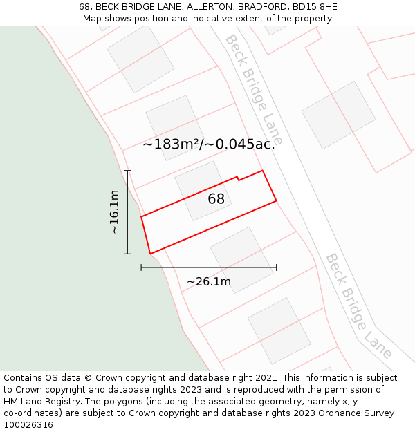 68, BECK BRIDGE LANE, ALLERTON, BRADFORD, BD15 8HE: Plot and title map