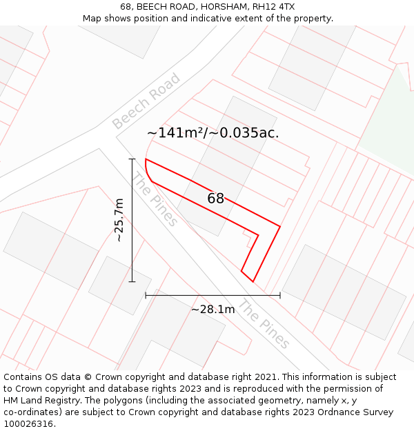 68, BEECH ROAD, HORSHAM, RH12 4TX: Plot and title map