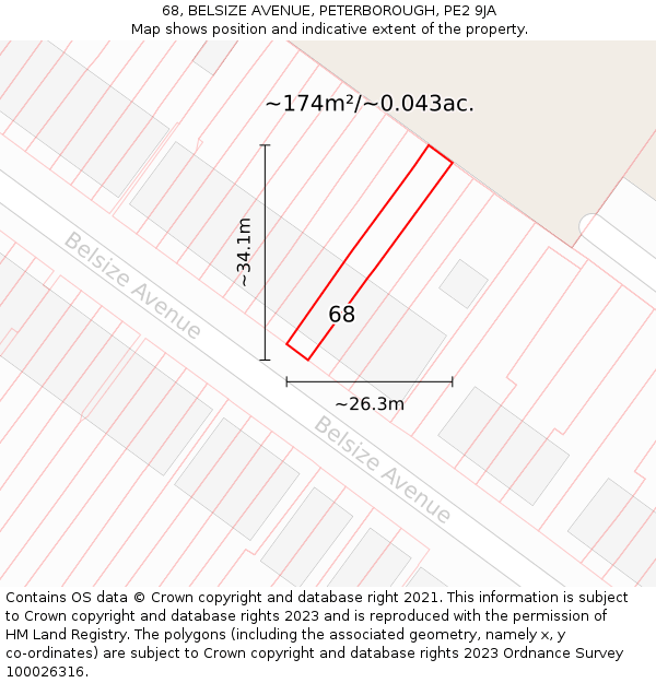 68, BELSIZE AVENUE, PETERBOROUGH, PE2 9JA: Plot and title map