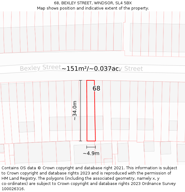 68, BEXLEY STREET, WINDSOR, SL4 5BX: Plot and title map