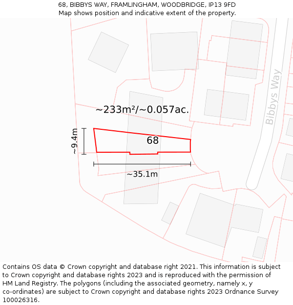 68, BIBBYS WAY, FRAMLINGHAM, WOODBRIDGE, IP13 9FD: Plot and title map