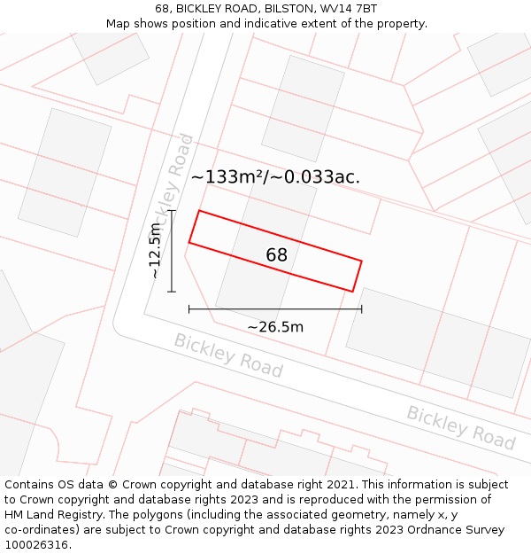 68, BICKLEY ROAD, BILSTON, WV14 7BT: Plot and title map