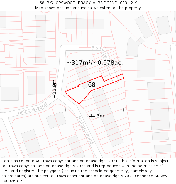 68, BISHOPSWOOD, BRACKLA, BRIDGEND, CF31 2LY: Plot and title map