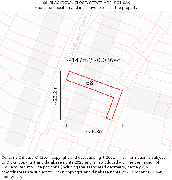 68, BLACKDOWN CLOSE, STEVENAGE, SG1 6AX: Plot and title map