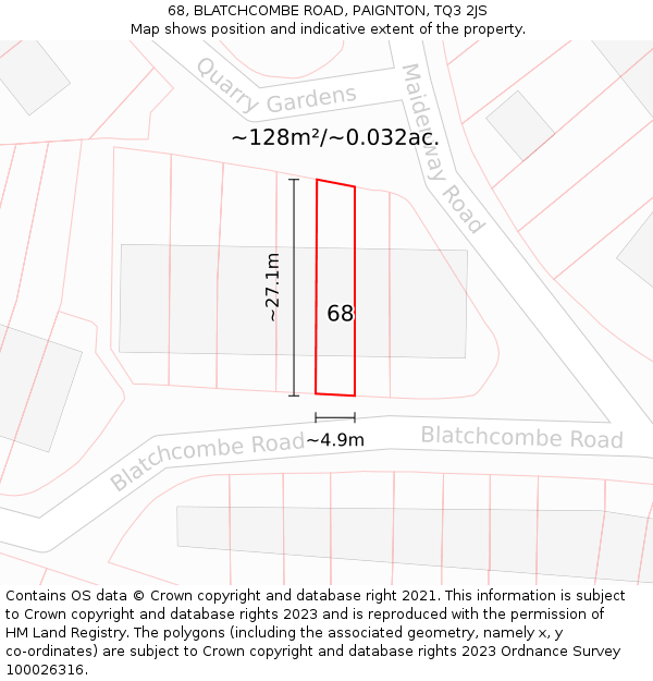 68, BLATCHCOMBE ROAD, PAIGNTON, TQ3 2JS: Plot and title map