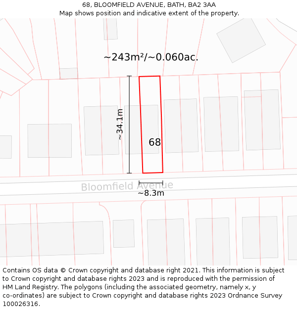 68, BLOOMFIELD AVENUE, BATH, BA2 3AA: Plot and title map