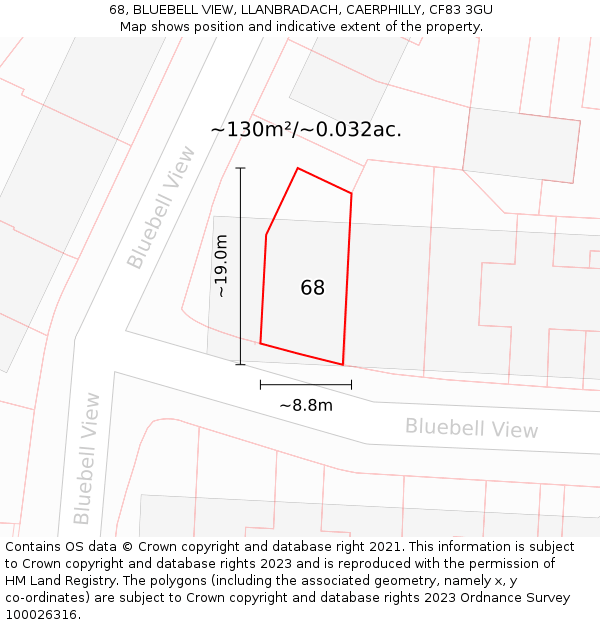 68, BLUEBELL VIEW, LLANBRADACH, CAERPHILLY, CF83 3GU: Plot and title map