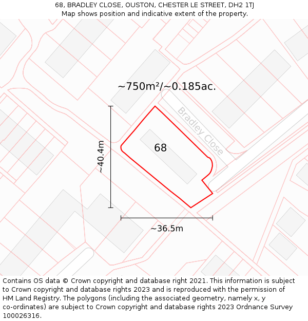 68, BRADLEY CLOSE, OUSTON, CHESTER LE STREET, DH2 1TJ: Plot and title map