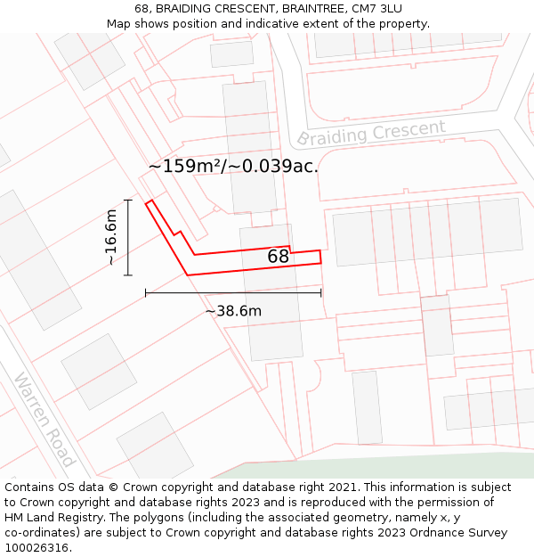 68, BRAIDING CRESCENT, BRAINTREE, CM7 3LU: Plot and title map
