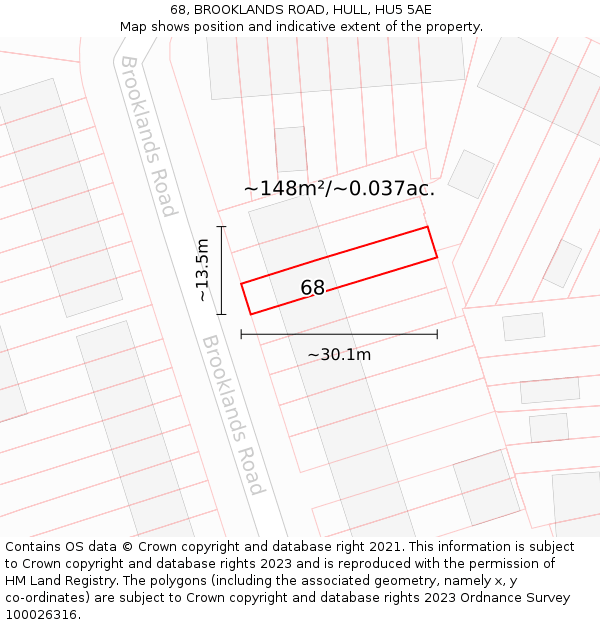 68, BROOKLANDS ROAD, HULL, HU5 5AE: Plot and title map