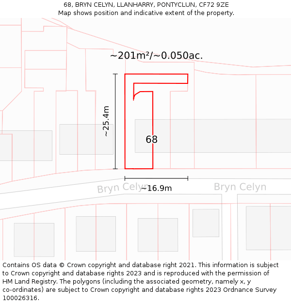 68, BRYN CELYN, LLANHARRY, PONTYCLUN, CF72 9ZE: Plot and title map