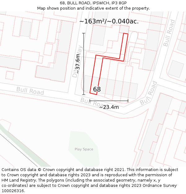 68, BULL ROAD, IPSWICH, IP3 8GP: Plot and title map