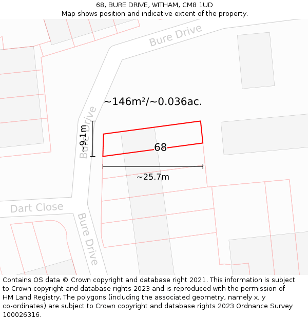 68, BURE DRIVE, WITHAM, CM8 1UD: Plot and title map