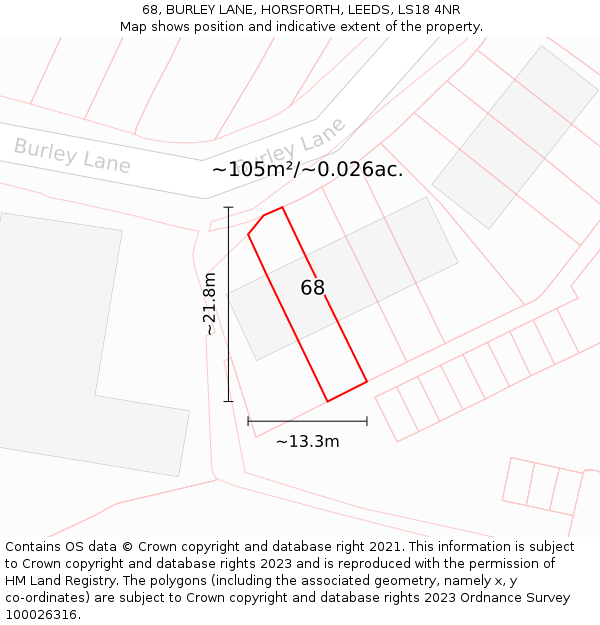68, BURLEY LANE, HORSFORTH, LEEDS, LS18 4NR: Plot and title map