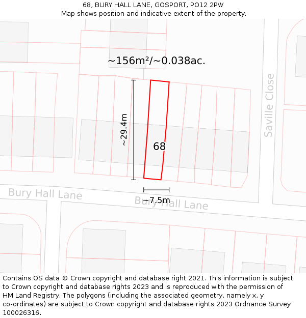 68, BURY HALL LANE, GOSPORT, PO12 2PW: Plot and title map