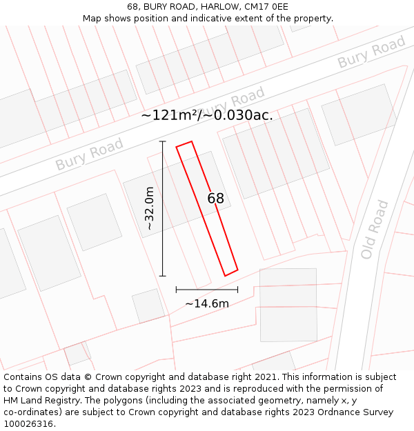 68, BURY ROAD, HARLOW, CM17 0EE: Plot and title map