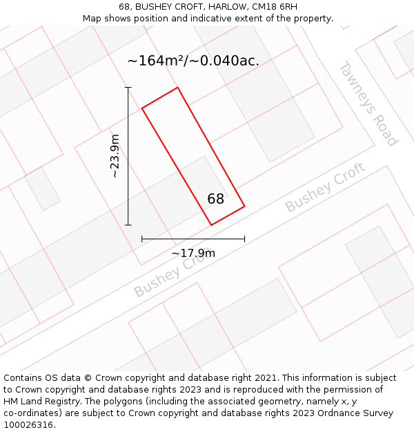68, BUSHEY CROFT, HARLOW, CM18 6RH: Plot and title map