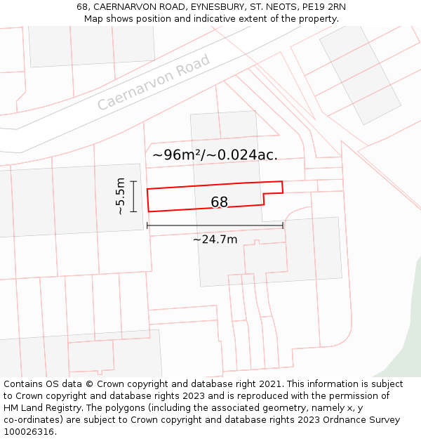 68, CAERNARVON ROAD, EYNESBURY, ST. NEOTS, PE19 2RN: Plot and title map