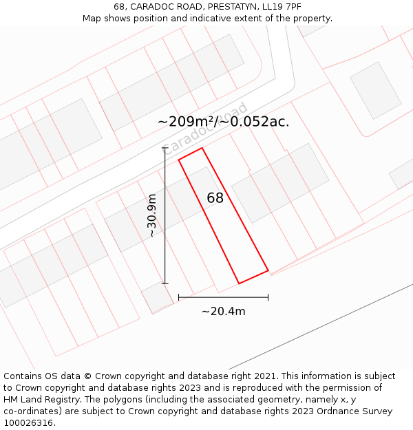 68, CARADOC ROAD, PRESTATYN, LL19 7PF: Plot and title map