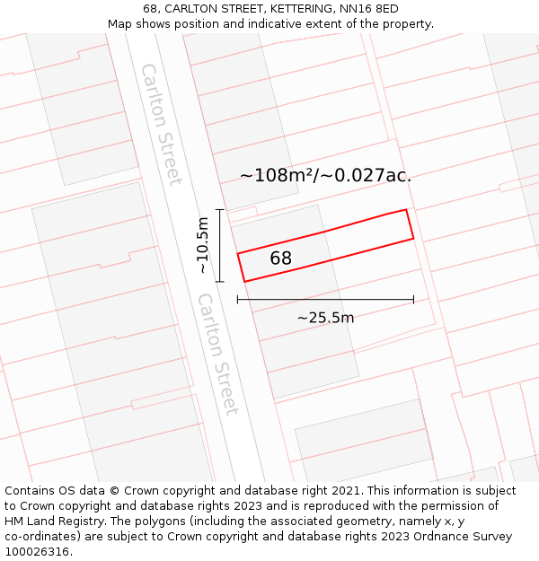 68, CARLTON STREET, KETTERING, NN16 8ED: Plot and title map