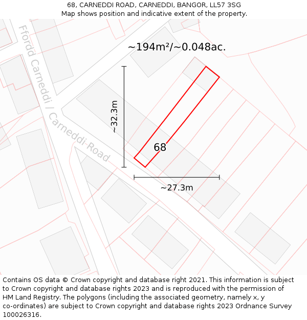 68, CARNEDDI ROAD, CARNEDDI, BANGOR, LL57 3SG: Plot and title map