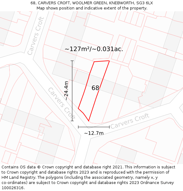 68, CARVERS CROFT, WOOLMER GREEN, KNEBWORTH, SG3 6LX: Plot and title map